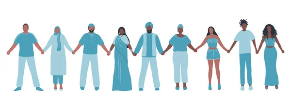 People holding hands. Diverse group of people. Stronger together concept. Solidarity of different men and women. Human silhouettes of different races, different ages. Vector illustration