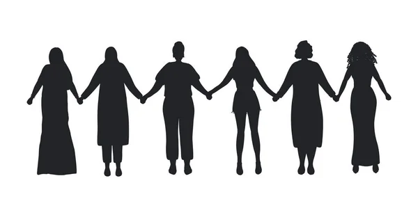 Black Silhouettes Women Women Holding Hands International Women Day Concept — Stockvektor