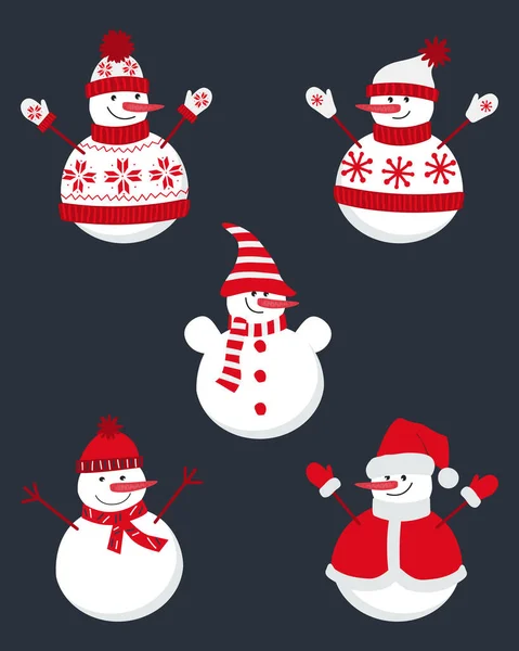 Set Happy Snowmen Five Different Snowmen Beautiful Winter Clothes Picture — Stock Vector