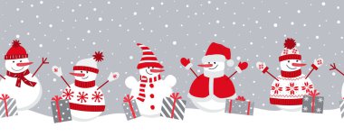 Mutlu kardan adamlar kış tatillerinde sevinir. Kusursuz sınır. Noel arkaplanı. Kar altında hediyeleri olan beş farklı kardan adam. Bir tebrik kartı için şablon olarak kullanılabilir. Vektör