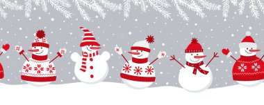 Cute snowmen rejoice in winter holidays. Seamless border. Christmas background. Five different snowmen in red winter clothes under the snow. Can be used as a template for a greeting card. Vector