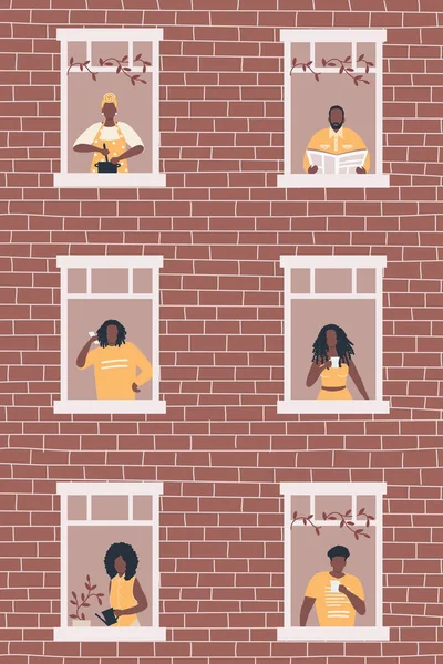 Black People Window Brown House Neighbors Stay Home Concept Vector — Stockvektor