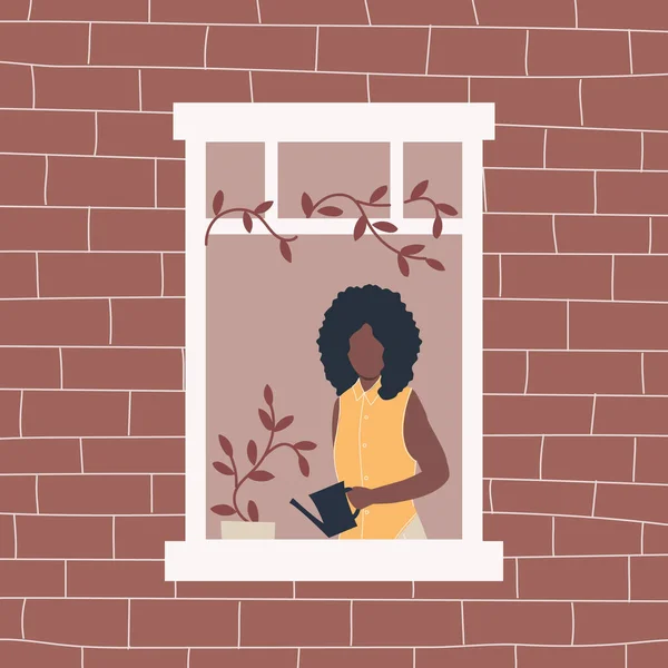 Young Black Woman Watering Flowers Windowsill Woman Open Window View — Vettoriale Stock