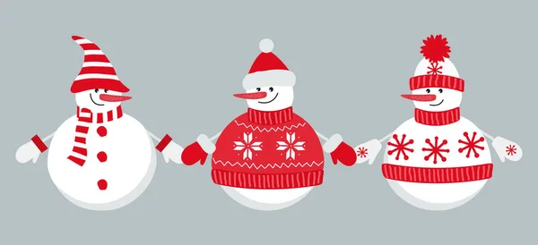 Happy Snowmen Holding Hands Three Different Snowmen Red Winter Clothes — Vettoriale Stock