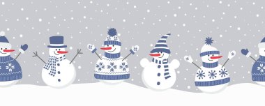 Cute snowmen rejoice in winter holidays. Seamless border. Christmas background. Five different snowmen in blue winter clothes under snow. Template for greeting card. Vector
