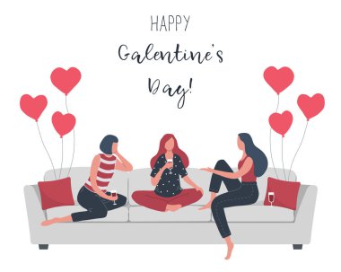 Galentines day. Slumber party. Three young women are sitting on couch and drinking wine. Heart-shaped balloons. Vector illustration