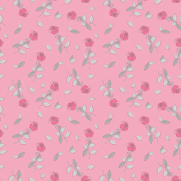 Floral Background Pink Roses Seamless Pattern Flowers Gray Leaves Vector — 图库矢量图片