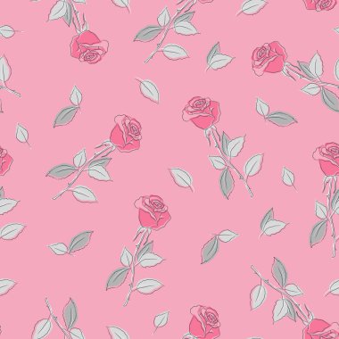 Floral background with pink roses. Seamless pattern with flowers and gray leaves. Vector illustration on a pink background