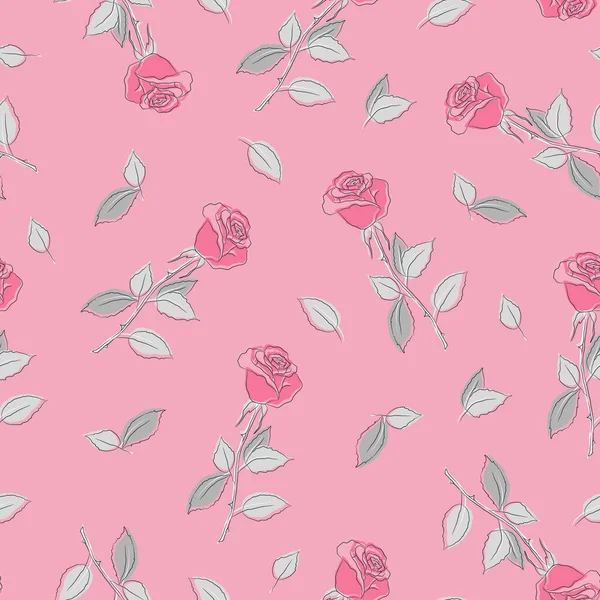 Floral Background Pink Roses Seamless Pattern Flowers Gray Leaves Vector —  Vetores de Stock