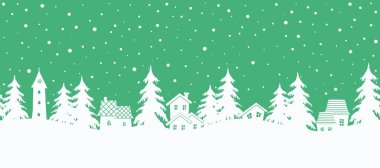 Christmas background. Seamless border. winter landscape. white houses and fir trees on a green background. Vector illustration