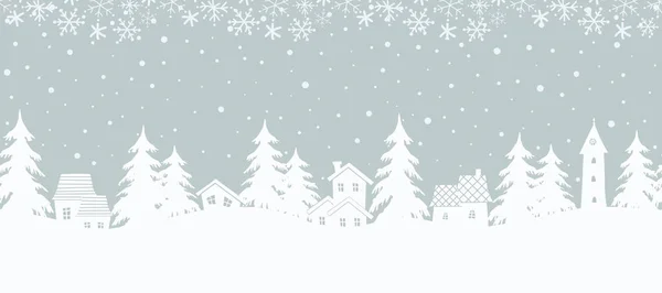 Christmas Background Seamless Border Fairy Tale Winter Landscape White Houses — 图库矢量图片