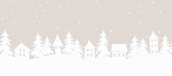 Рождественский Фон Бесшовная Граница Зимний Пейзаж Белые Дома Елки Бежевом — стоковый вектор