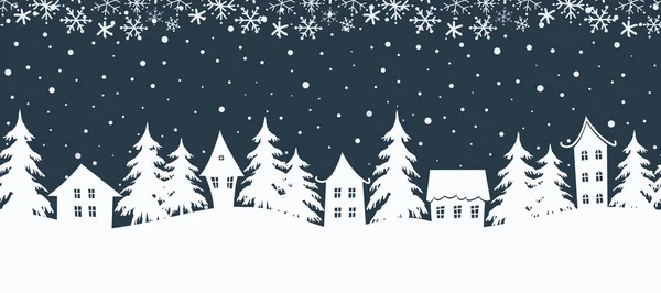 Christmas Background Seamless Border Winter Landscape White Houses Fir Trees — Stock vektor