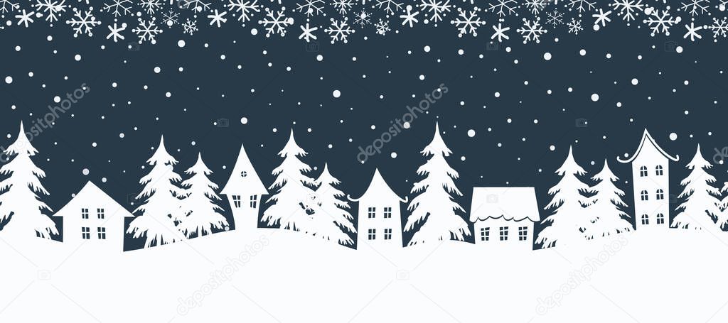 Christmas background. Seamless border. Winter landscape. white houses and fir trees on a dark blue background. Vector illustration