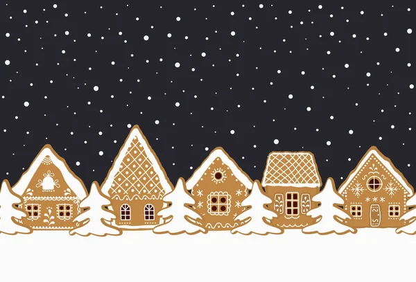 Christmas Background Gingerbread Village Seamless Border Fairytale Winter Landscape Gingerbread — 스톡 벡터