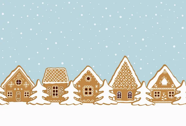Christmas Background Gingerbread Village Seamless Border Gingerbread Houses Fir Trees — Image vectorielle