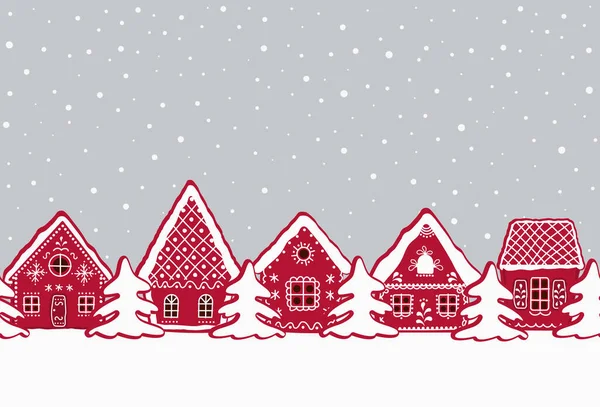 Christmas Background Gingerbread Village Seamless Border Red Gingerbread Houses Fir — Stockvector