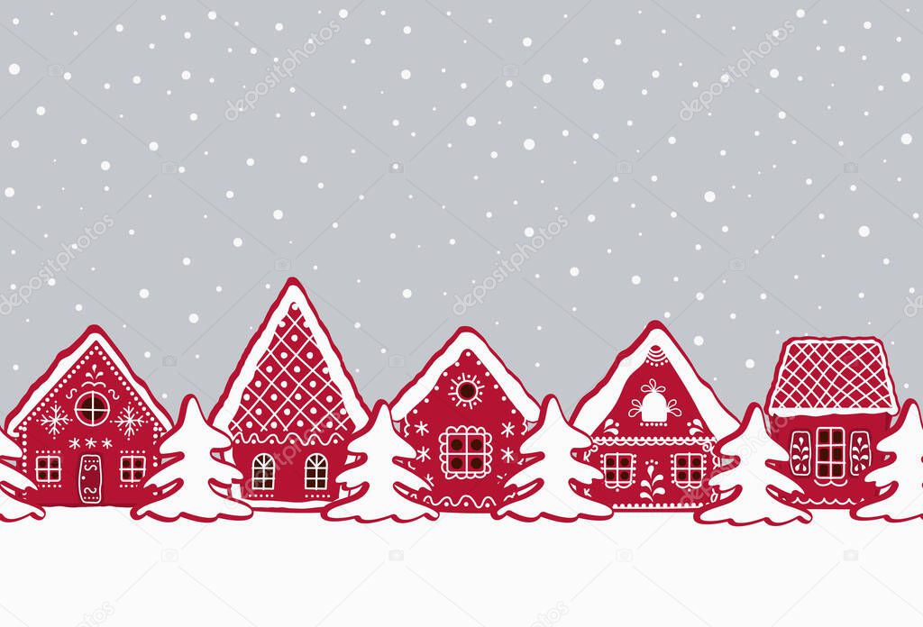 Christmas background. Gingerbread village. Seamless border. red gingerbread houses and fir trees on a gray background. Greeting card template. Vector