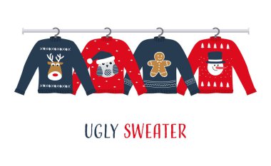 Ugly Sweaters on hangers. There are red and blue Christmas sweaters with deer, snowman, owl, gingerbread man in the picture. Vector illustration