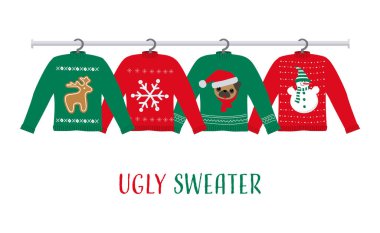 Ugly Sweaters on hangers. There are red and green Christmas sweaters with deer, snowman, puppy, snowflake in the picture. Vector illustration