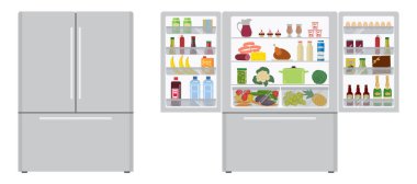 Big fridge with open doors, a full of food. There is a champagne bottle, a box of chocolates, a milk, a juice, a sausage, bananas, eggs, ketchup and vegetables in the picture. Vector illustration