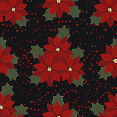 Christmas background with poinsettia flowers. Seamless pattern with red flowers and leaves on black background. Vector illustration