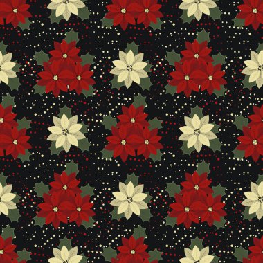 Christmas background with poinsettia flowers. Seamless winter pattern with red and white flowers on a black background. Vector illustration