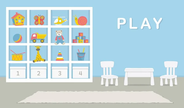 Στο Εσωτερικό Του Playroom Παιδικό Δωμάτιο Μπλε Χρώμα Υπάρχει Ένα — Διανυσματικό Αρχείο