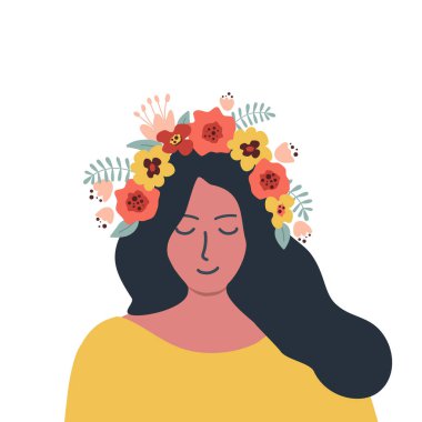 Çiçek ve yaprakları bir çelenk sevimli genç kadın. Portre. Funky ve düz tarzı. Beyaz arka planda vektör çizimi.