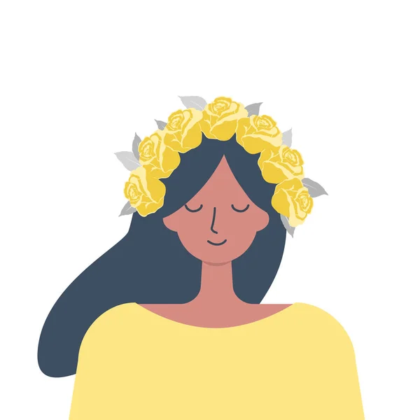 Menina Bonito Uma Grinalda Rosas Amarelas Retrato Estilo Plano Ilustração — Vetor de Stock