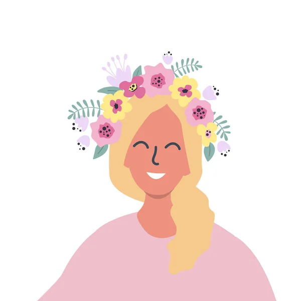 Menina Sorridente Bonito Uma Grinalda Flores Folhas Retrato Funky Estilo — Vetor de Stock
