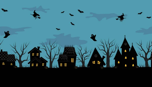Cidade Halloween Fronteira Sem Costura Silhuetas Pretas Casas Árvores Sobre — Vetor de Stock