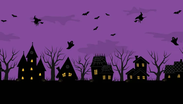 ハロウィーンの街 気味の悪い家だ 国境はシームレスだ 紫色の背景に家や木の黒いシルエット 写真にはコウモリ カボチャもあります ベクトル画像 — ストックベクタ