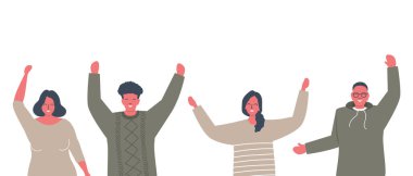 Gençler zaferi kutluyorlar. Mutlu adamlar seviniyor ve dans ediyorlar. Vektör illüstrasyonu