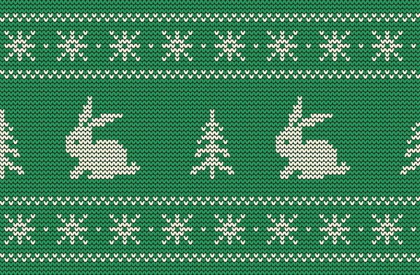 Patrón Punto Con Conejos Árboles Navidad Sobre Fondo Verde Frontera — Vector de stock