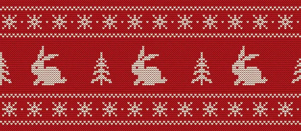 Gestricktes Muster Mit Hasen Und Weihnachtsbäumen Auf Rotem Hintergrund Weihnachten — Stockvektor