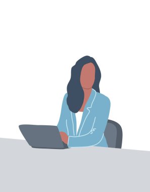 Genç kadın dizüstü bilgisayarda çalışıyor. Ofis çalışanı. İnsan ikonu. Vektör illüstrasyonu