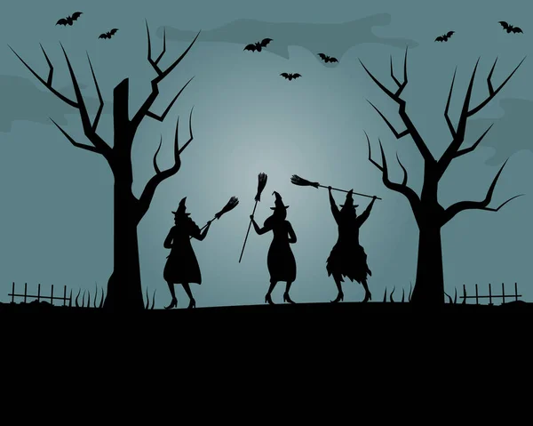 ハロウィーンの集会だ 魔女はほうきで踊る 青い背景に女性と木の黒いシルエット 写真にはコウモリもいます ハロウィンパーティーだ ベクターイラスト — ストックベクタ
