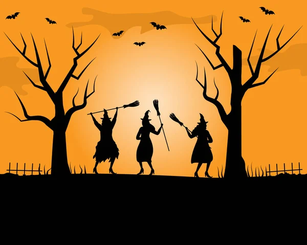 魔女はほうきで踊る ハロウィーンの集会だ オレンジの背景に女性や木の黒いシルエット 写真にはコウモリもいます ハロウィンパーティーだ ベクターイラスト — ストックベクタ