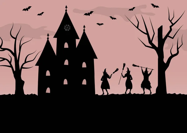 ハロウィーンの集会だ 魔女はほうきで踊る ピンクの背景に女性 城や木の黒いシルエット 写真にはコウモリもいます ハロウィンパーティーテンプレート ベクターイラスト — ストックベクタ