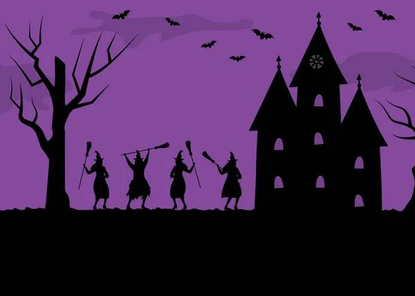 Halloween Feestsjabloon Halloween Heksenkring Heksen Dansen Met Bezems Zwarte Silhouetten — Stockvector