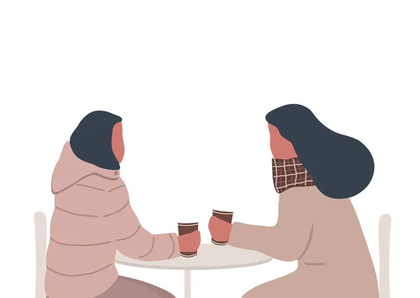 Kaffeezeit Zwei Junge Frauen Sitzen Tisch Und Trinken Kaffee Vektorflache — Stockvektor
