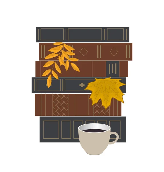 Livres Feuilles Jaunes Tasse Café Adore Lire Automne Concept Illustration — Image vectorielle