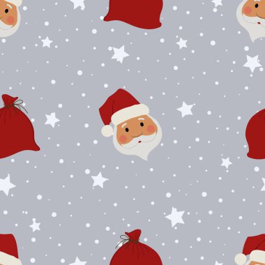 Noel arkaplanı. Noel Baba kafalarında kusursuz desenler, hediyeli çantalar, yıldızlar ve kar taneleri. Gri arkaplanda vektör illüstrasyonu