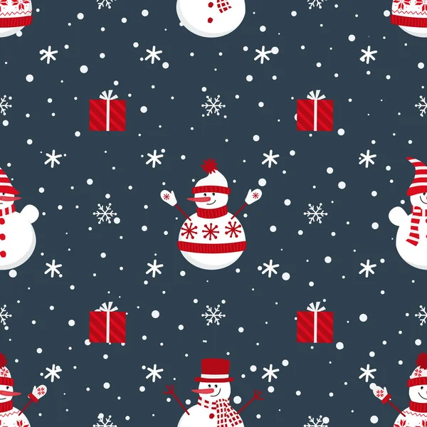 圣诞节的背景雪人 礼物和雪花组成的无缝图案 深蓝色背景的矢量图解 — 图库矢量图片