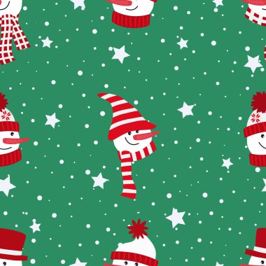 Noel arkaplanı. Kardan adamların başları, yıldızları ve karla kusursuz desen. Yeşil arkaplanda vektör illüstrasyonu