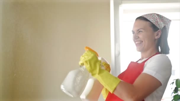 Trött på tråkigt arbete, startade hemmafrun ett roligt spel med Hand Sprayers. — Stockvideo