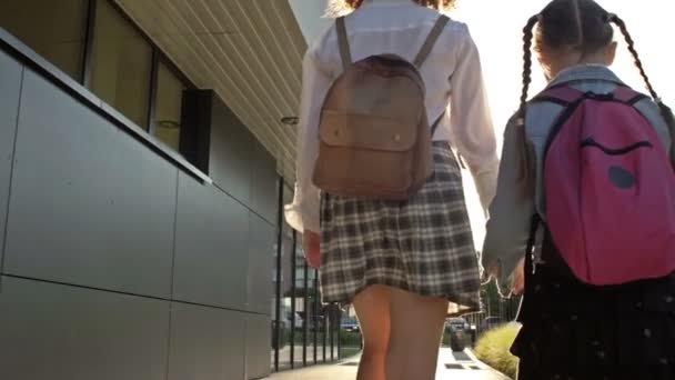 Twee schoolmeisjes van verschillende leeftijden met rugzakken lopen van school na school, hand in hand. De oudere zus helpt de jongere. Achteraanzicht. — Stockvideo