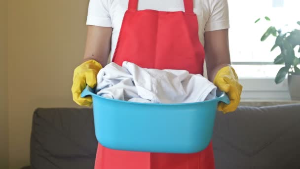 A dona de casa se prepara para lavar itens delicados. A mulher está segurando uma bacia de lavanderia. — Vídeo de Stock
