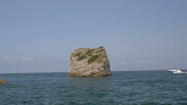 Słynne skały Faraglioni, Capri Island, Włochy. Piękny rajski krajobraz z lazurowym morzem w letni słoneczny dzień z dojrzałymi żółtymi cytrynami na pierwszym planie. — Wideo stockowe